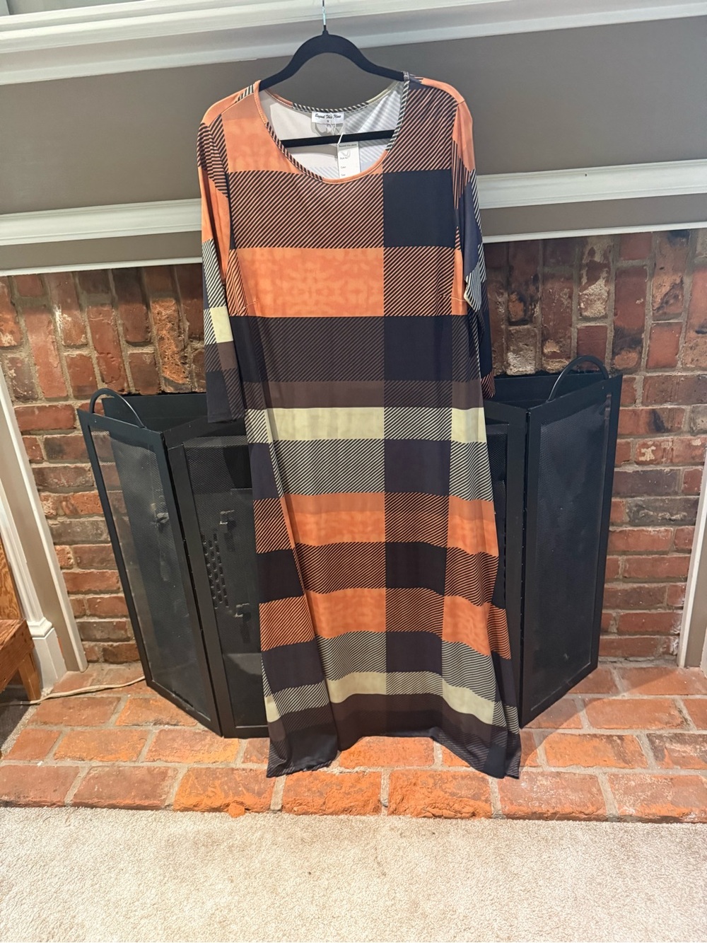 NWT Beyond This Plane Plaid Maxi Dress Colorblock Orange Black 1X Plus Size
